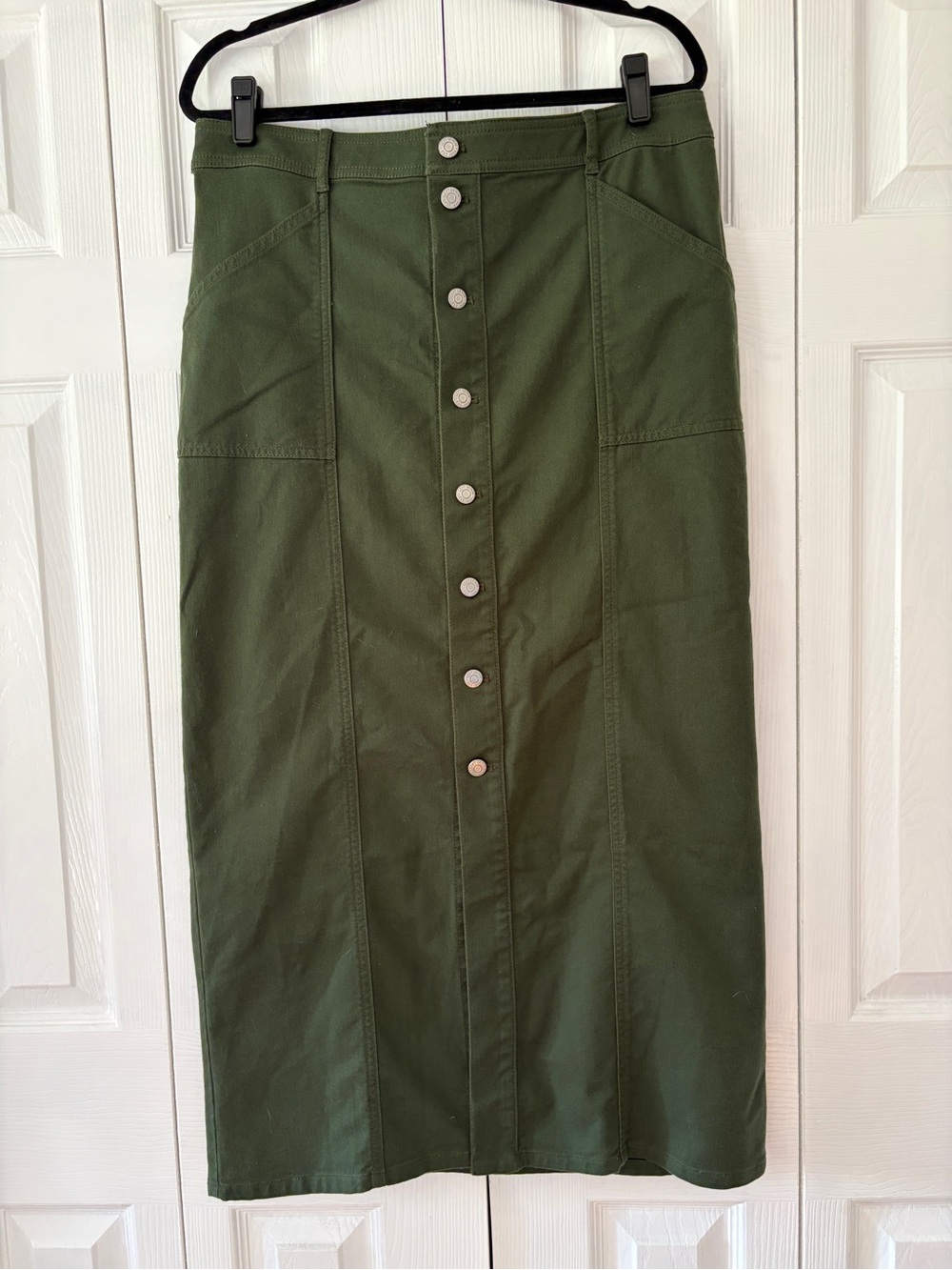 LOFT Olive Green Button-Front Midi Skirt